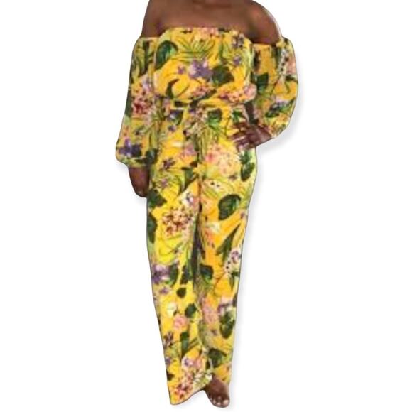 Miss Avenue Jungle Jumpsuit Off Shoulder Open Back Self Tie Belt size Small - Picture 1 of 16